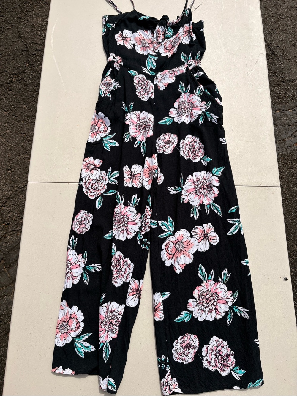 Roxy Black Floral Wide-Leg Jumpsuit with Pink & Green Flowers